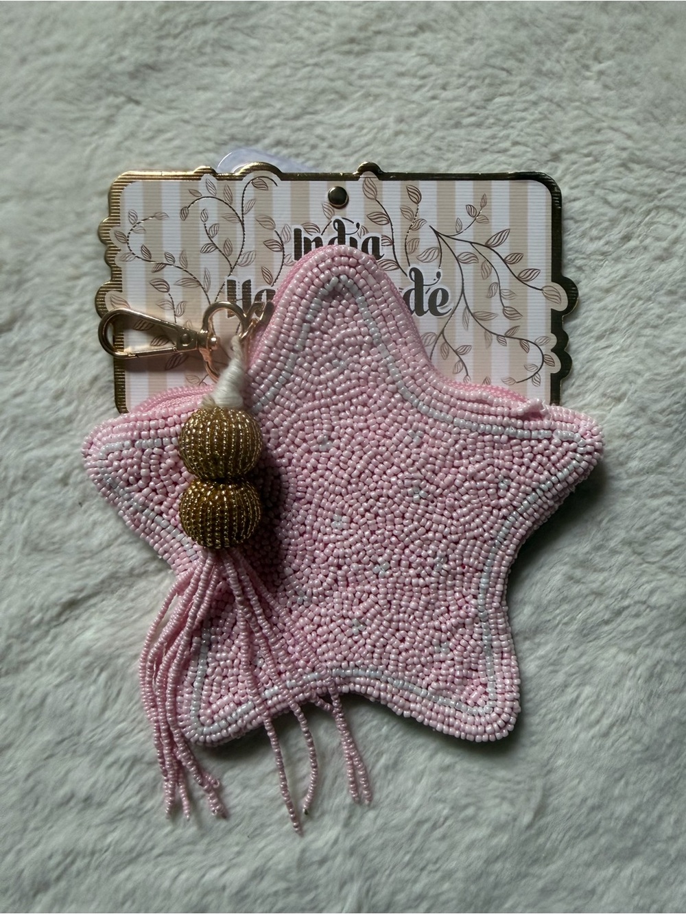 Handmade Pink Beaded Star Mini Bag Charm with Gold Tassel